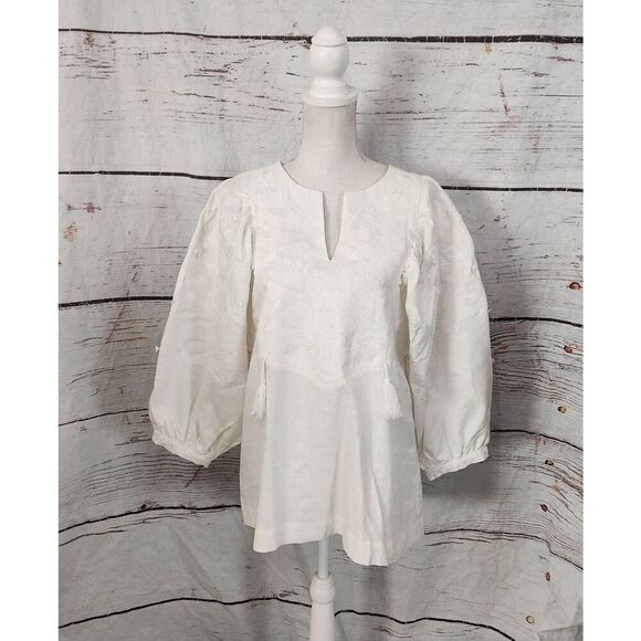 CAARA Embroidered Puff Sleeve Linen Top Size Small - Picture 2 of 8